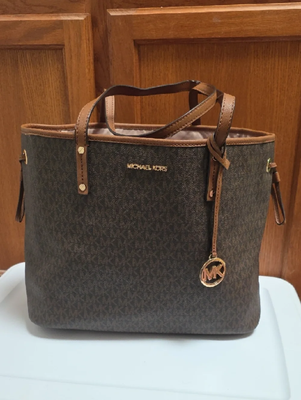 Michael Kors Brown Jet SetTote with Tan Trim and Gold Hardware